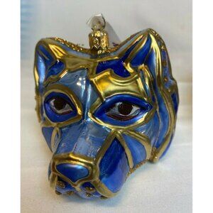 Ornaments To Remember Blue & Gold Wolf Mask Glass Christmas Ornament - NEW